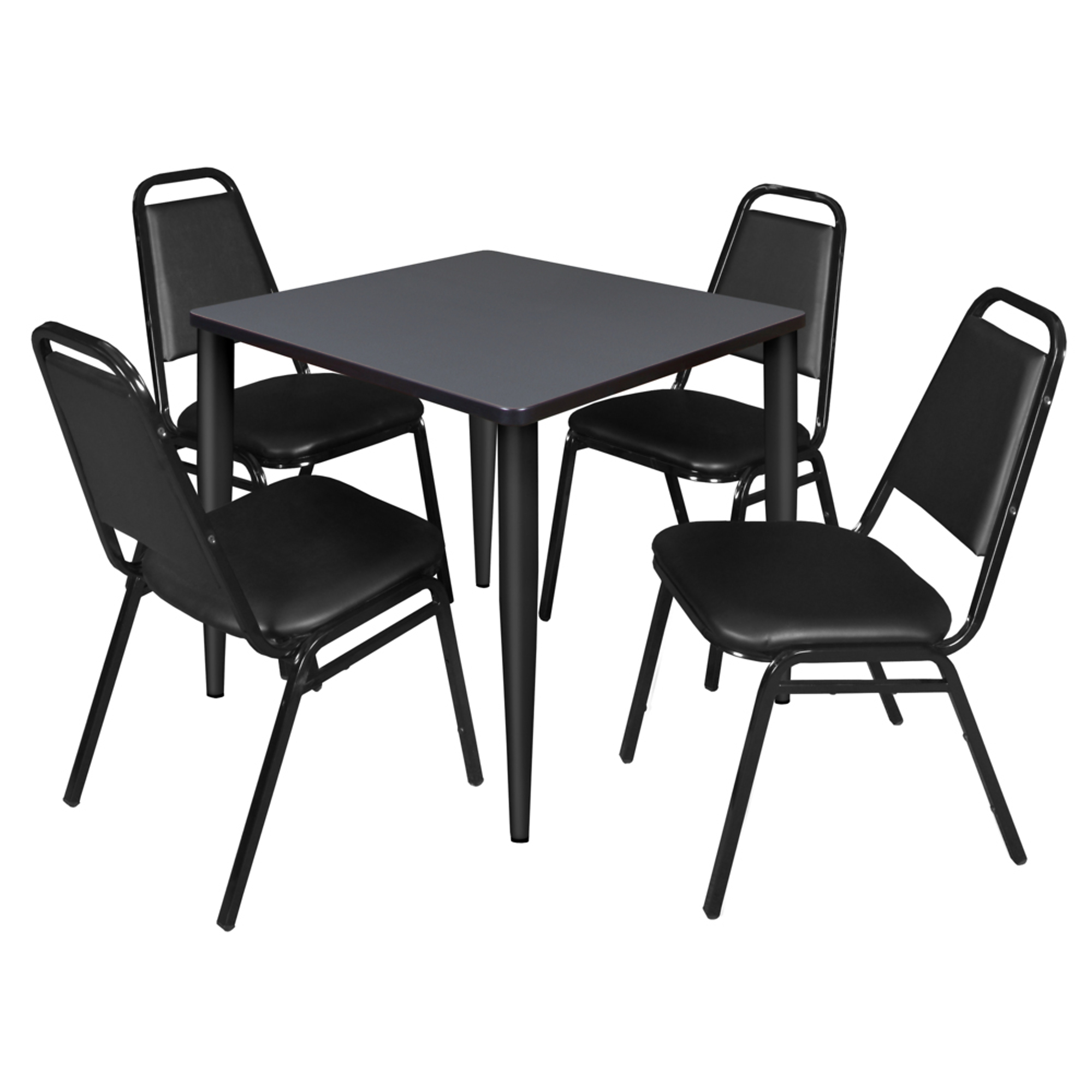 Regency Furniture Kahlo Breakroom Table Set — 30in. Square, Grey Top, Black Base, 4 Restaurant Stack Chairs, Model# TPL3030GYBK29BK